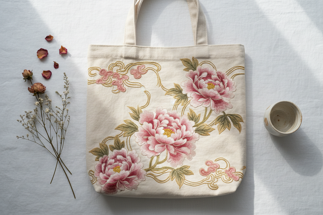 Hand embroidered canvas tote bag with Chinese peony floral embroidery in pink and gold thread on cream canvas — QIUDU artisan collection