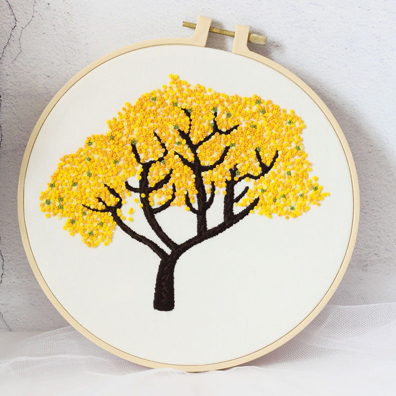 QIUDU Floral Embroidery Starter Kit – Cherry Blossom Pattern with Full Color Thread Set