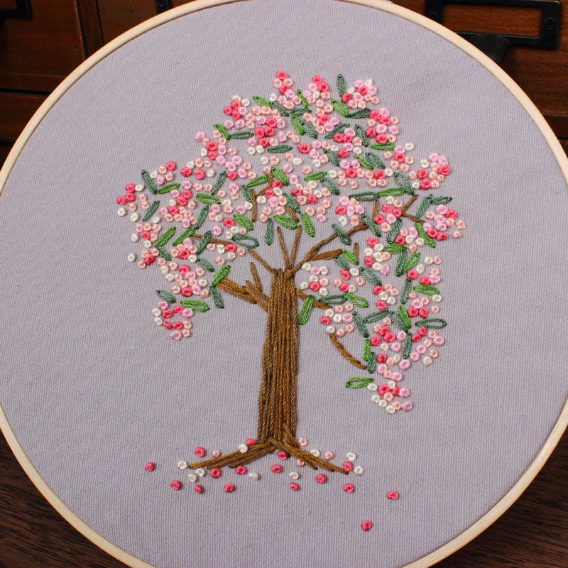 Cherry Blossom Tree Embroidery Starter Kit – Beginner DIY Hand Stitch Set with Color Threads & Needles