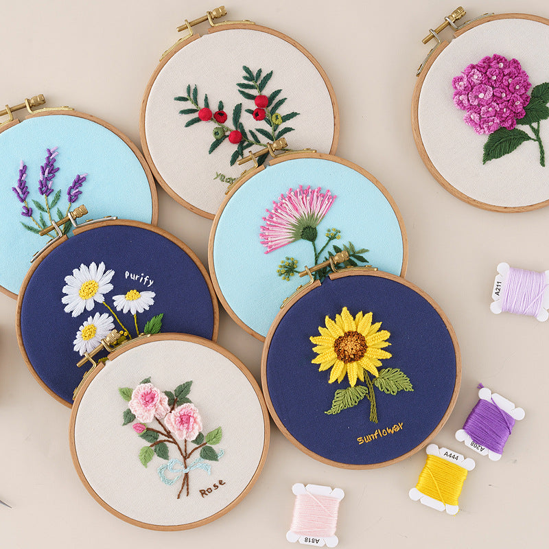 QIUDU DIY floral embroidery kit daisy design printed fabric