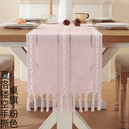 Embroidered Cotton Linen Table Runner – Sage Green Hollow Design for Home, Kitchen & Party