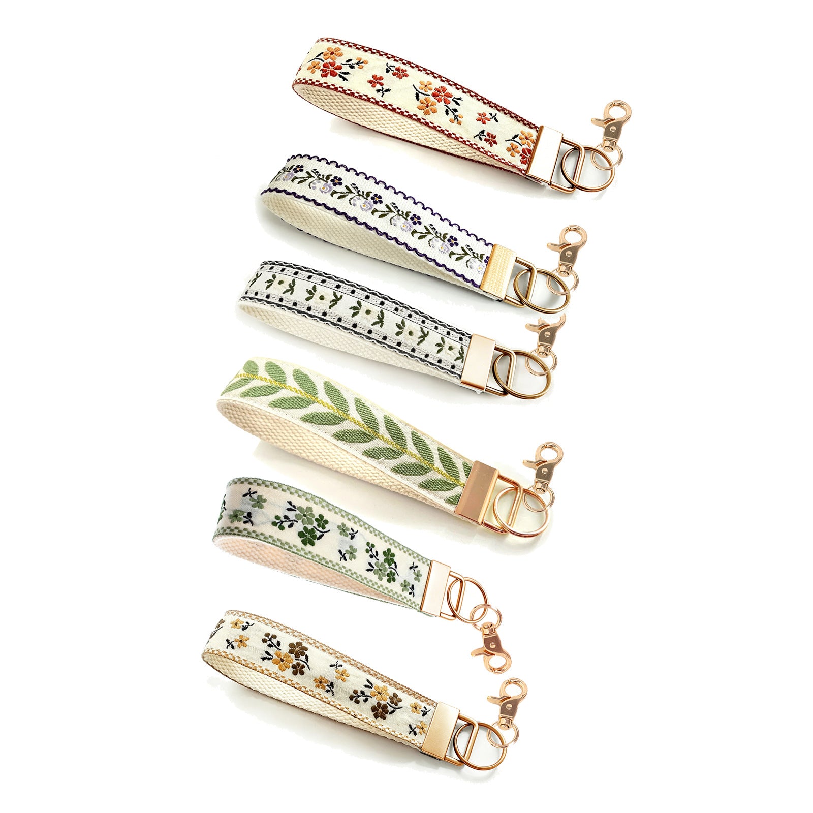 QIUDU floral embroidered wristlet keychain light gold hardware