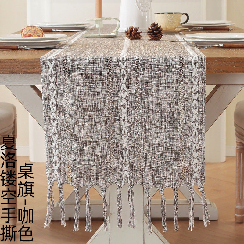 Embroidered Cotton Linen Table Runner – Sage Green Hollow Design for Home, Kitchen & Party