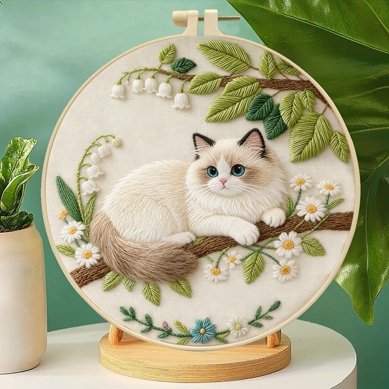 Spring cat embroidery starter kit with pre-printed cotton fabric 29x29cm