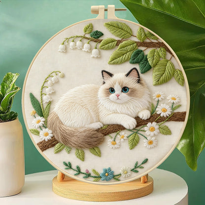 Spring cat embroidery starter kit with pre-printed cotton fabric 29x29cm
