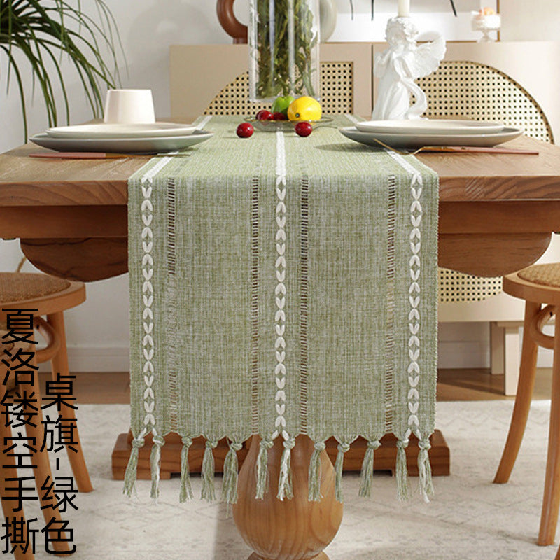 Embroidered Cotton Linen Table Runner – Sage Green Hollow Design for Home, Kitchen & Party