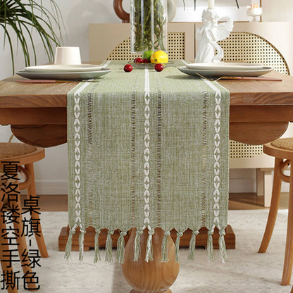 Embroidered Cotton Linen Table Runner – Sage Green Hollow Design for Home, Kitchen & Party