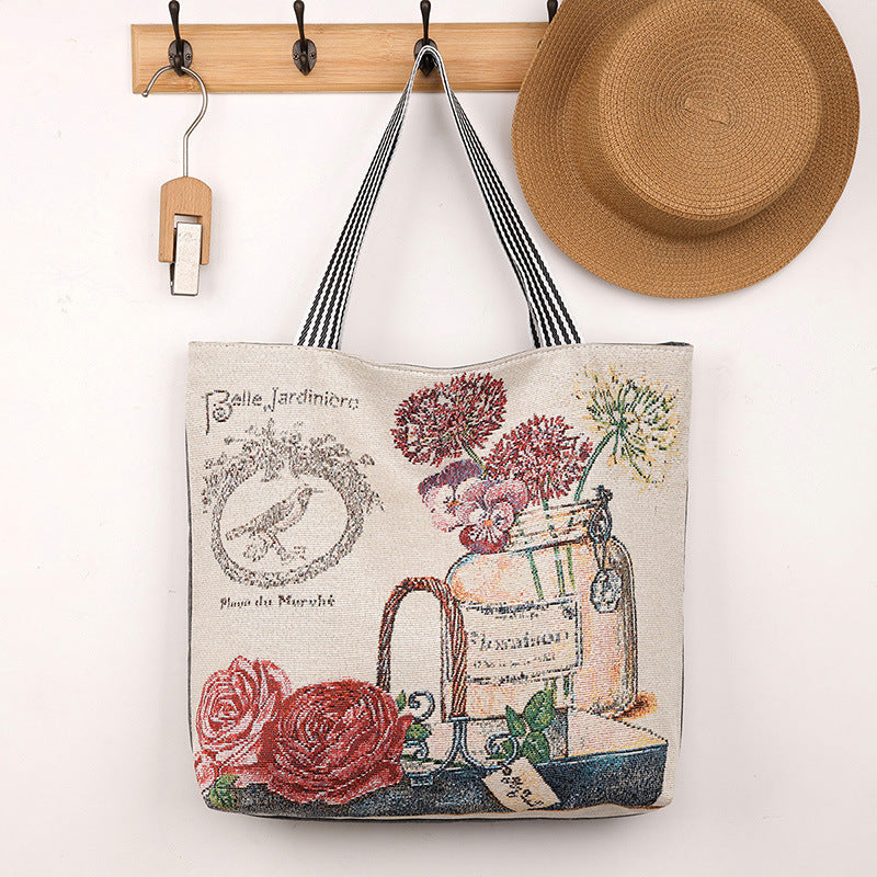 QIUDU Chinese embroidered tote bag fabric texture close-up