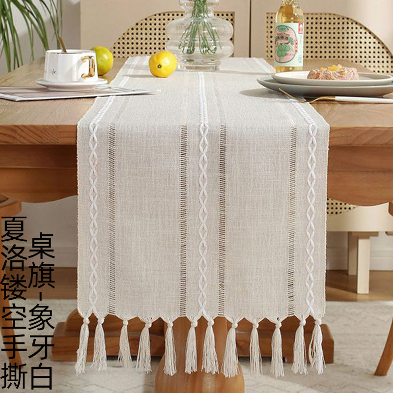 Embroidered Cotton Linen Table Runner – Sage Green Hollow Design for Home, Kitchen & Party