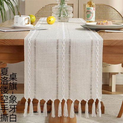 Embroidered Cotton Linen Table Runner – Sage Green Hollow Design for Home, Kitchen & Party