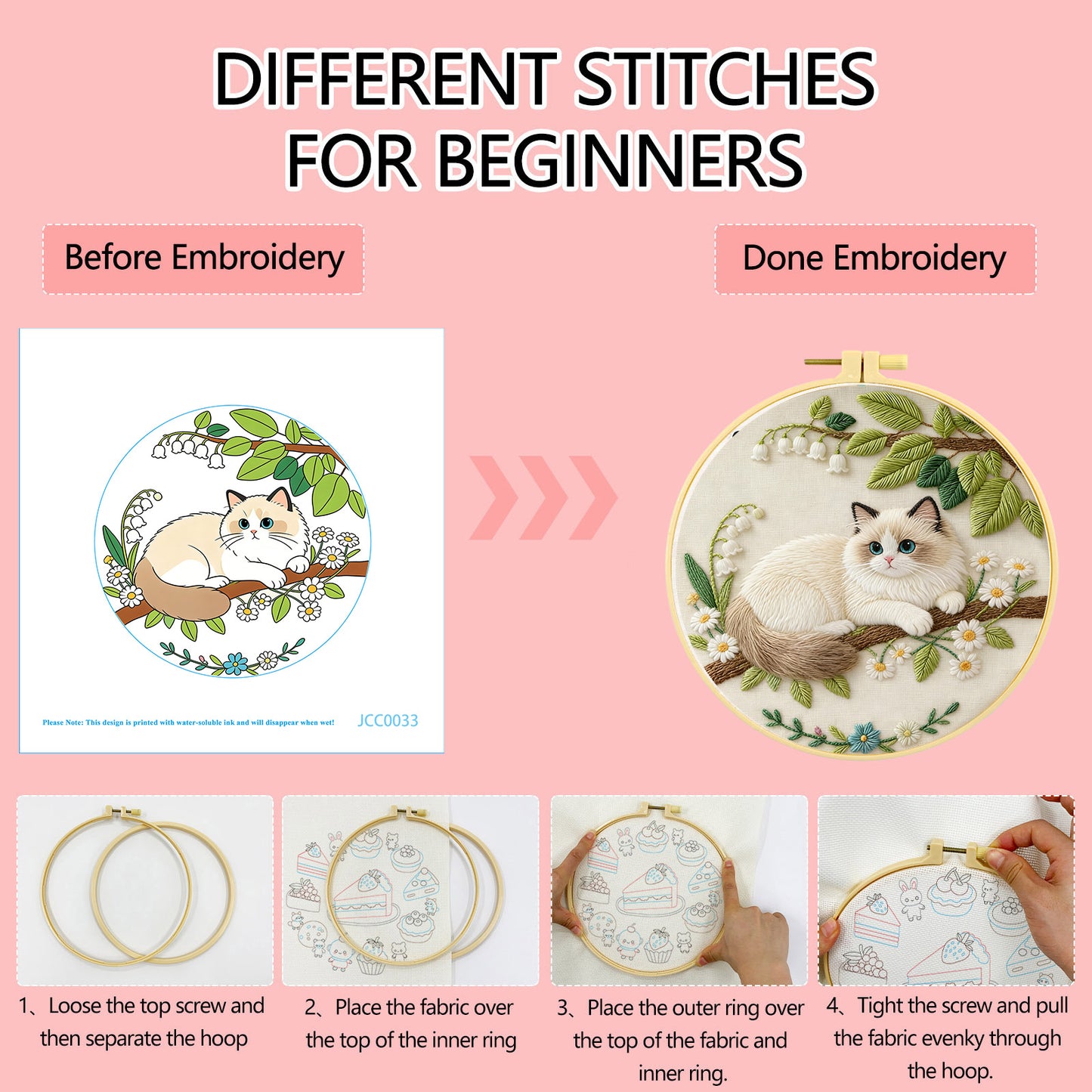Finished spring cat cross stitch wall art displayed in bamboo hoop