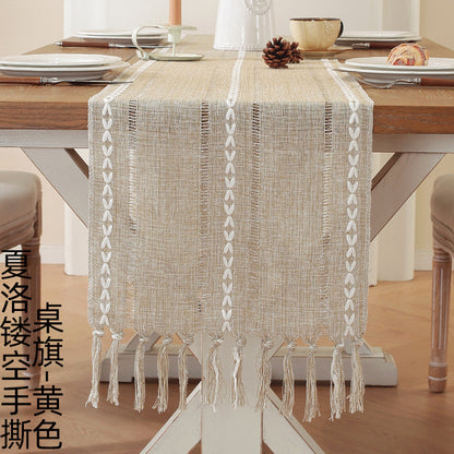Embroidered Cotton Linen Table Runner – Sage Green Hollow Design for Home, Kitchen & Party