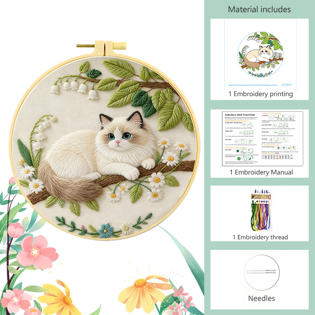 DIY cat embroidery kit complete set with scissors and needle threader