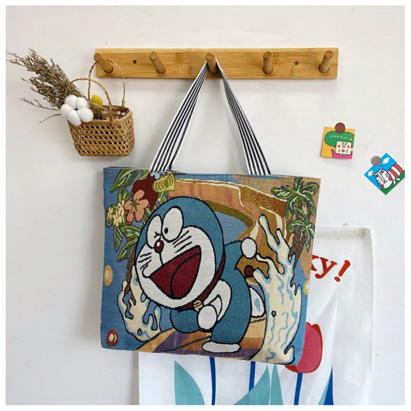QIUDU Chinese embroidered tote bag yellow cat embroidery