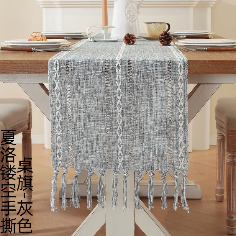 Embroidered Cotton Linen Table Runner – Sage Green Hollow Design for Home, Kitchen & Party