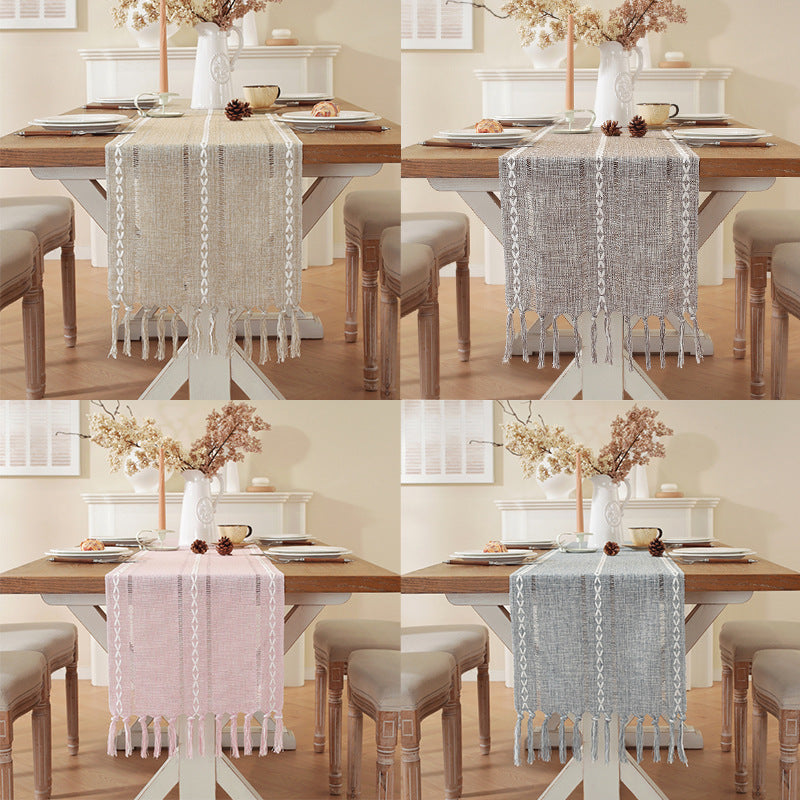 Embroidered Cotton Linen Table Runner – Sage Green Hollow Design for Home, Kitchen & Party