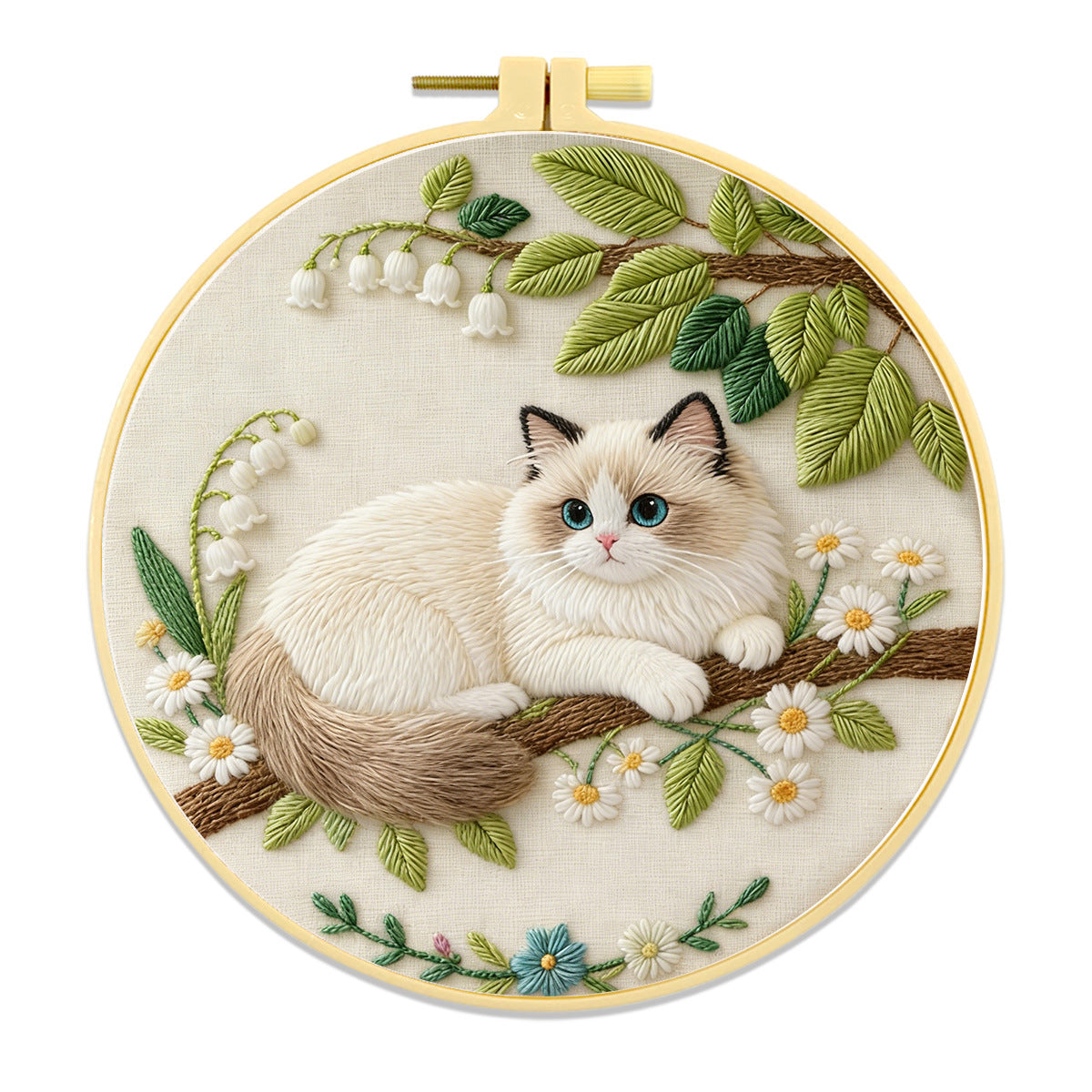 Pre-printed cat embroidery pattern detail on premium cotton fabric
