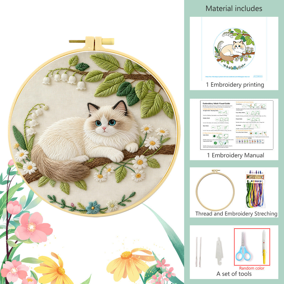 Cat embroidery kit packaged as a handmade craft gift for beginners