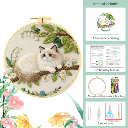 Cat embroidery kit packaged as a handmade craft gift for beginners