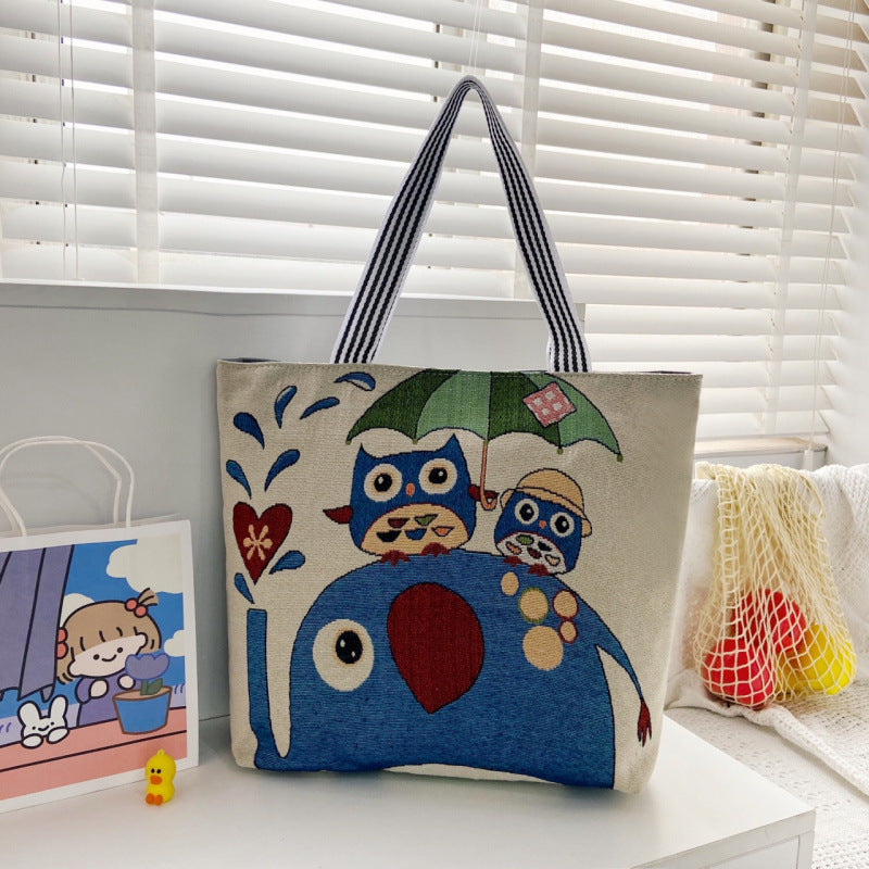 QIUDU Chinese embroidered tote bag maple leaf owl design