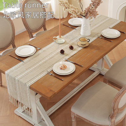 QIUDU sage green embroidered cotton linen table runner hollow cutwork detail